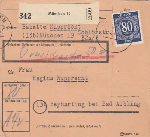 Carte de paquet 1947: Munich vers Beyharting, assuré