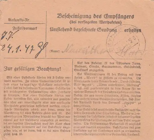 Carte de paquet 1947: Munich vers Beyharting, assuré