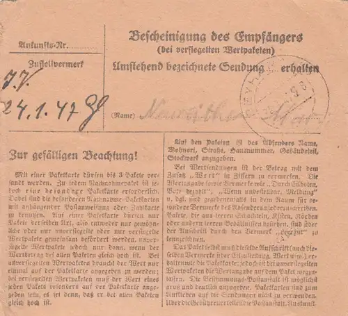 Paketkarte 1947: München nach Beyharting, Versichert