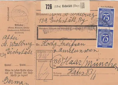 Paketkarte 1948: Eichstätt nach Haar b. München