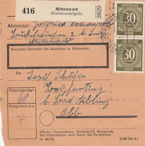 Paketkarte 1947: Mittenwald nach Bad Aibling