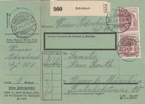 Paketkarte 1948: Aidenbach nach Haar b. München, besonderes Formular