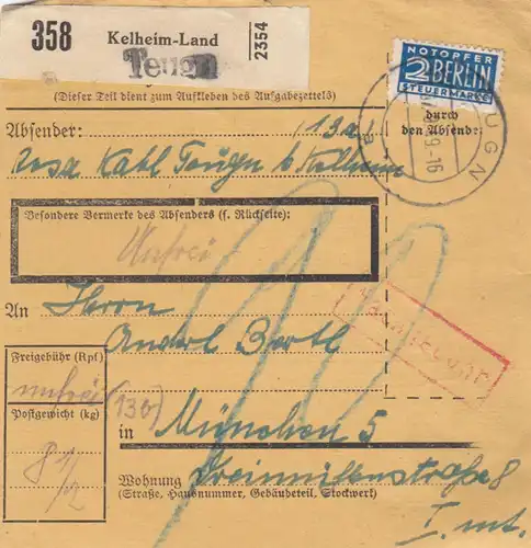 BiZone Paketkarte 1949: Teugn Kelheim-Land n. München, Notopfer, Nachgebühr