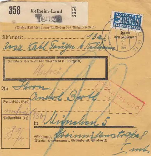 Carte de paquet BiZone 1949: Tengen Kelheim-Land n. Munich, victime d'urgence, frais supplémentaires