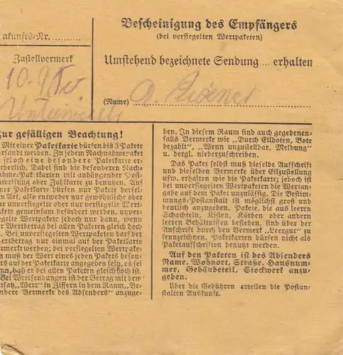 BiZone Paketkarte 1949: Teugn Kelheim-Land n. München, Notopfer, Nachgebühr