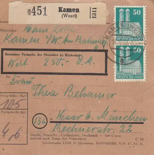 BiZone Paketkarte 1948: Kamen Westf. nach Haar bei München