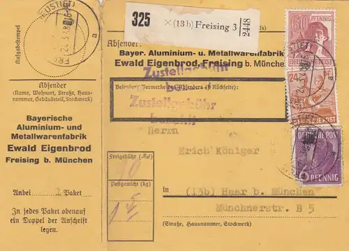 Carte de paquet 1948: Fabrique de produits métalliques Freising, Autob., avec carte de colis d'urgence