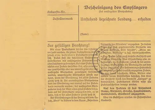 Carte de paquet 1948: Fabrique de produits métalliques Freising, Autob., avec carte de colis d'urgence