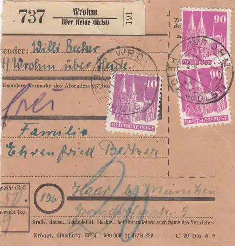 BiZone Paketkarte 1948: Wrohm über Heide nach Haar, Nachgebühr