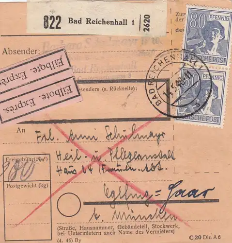 Carte de paquet 1948: Bad Reichenhall après Haar, établissement, Eilbote Excès.