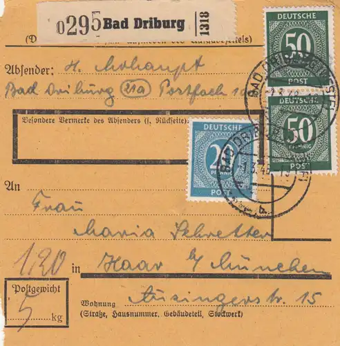 Paketkarte 1948: Bad Driburg nach Haar bei München