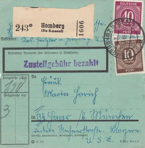 Paketkarte 1948: Fritzlar Homberg nach Haar, Postgutkarte für Großversender
