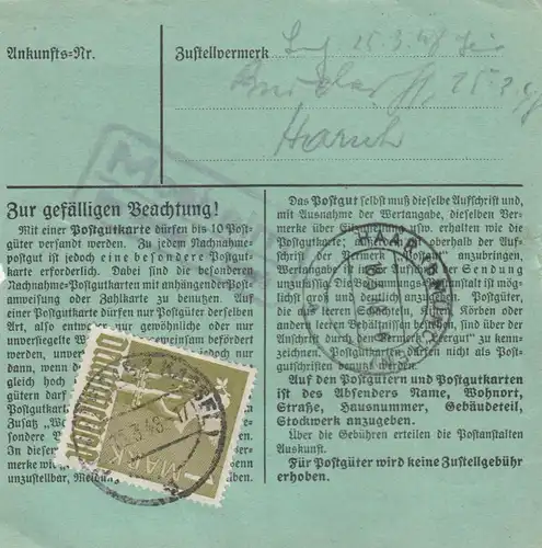 Paketkarte 1948: Fritzlar Homberg nach Haar, Postgutkarte für Großversender