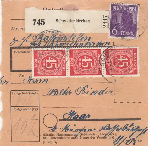 Carte de paquet 1948: Schweitenkirchen vers Haar bei Munich