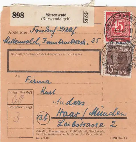 Carte de paquet 1948: Mittenwald vers Haar bei Munich