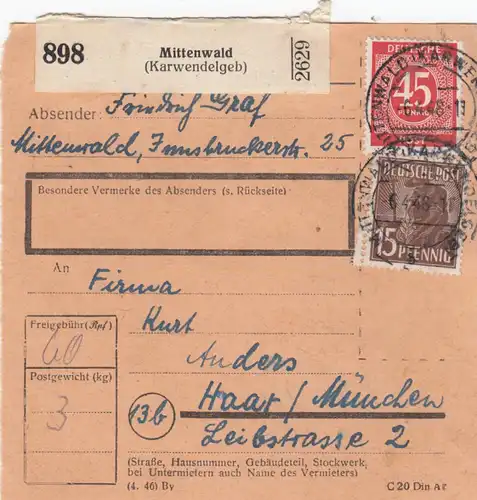 Paketkarte 1948: Mittenwald nach Haar bei München