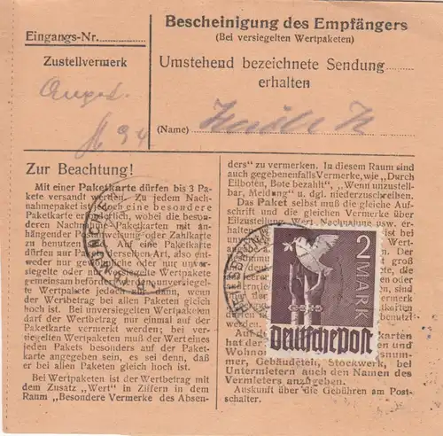 Paketkarte 1948: Heilsbronn Mittelfr. nach Haar, Dringend