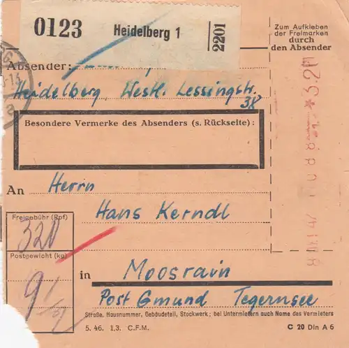 Carte de paquet 1947: Heidelberg vers Moosrain, Post Gmund