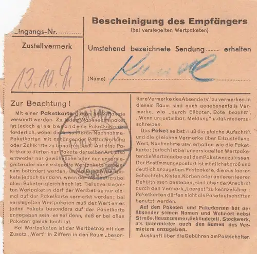 Paketkarte 1947: Heidelberg nach Moosrain, Post Gmund
