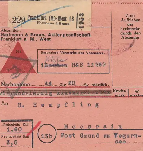 Carte de réduction 1947: Francfort n. Moosrain, auto-réservation, frais payés timbre