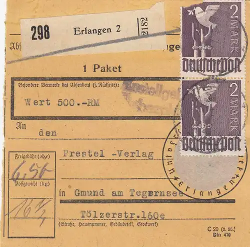 Wert-Paketkarte 1947: Erlangen nach Gmund, Dienststellenstempel III. Reich