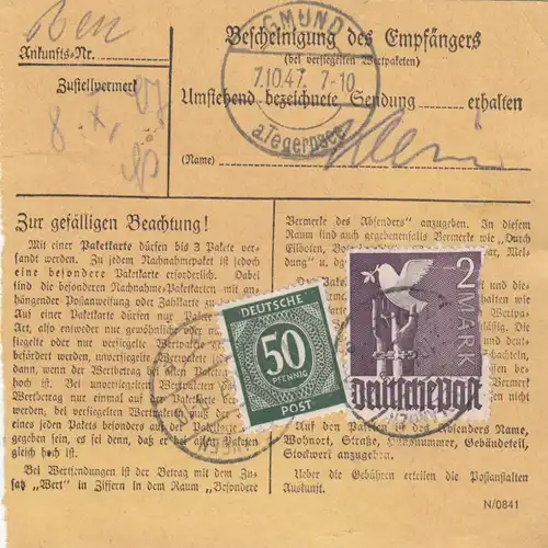Carte de valeur 1947: Obtenir à Gmund, le cachet du service III. Reich
