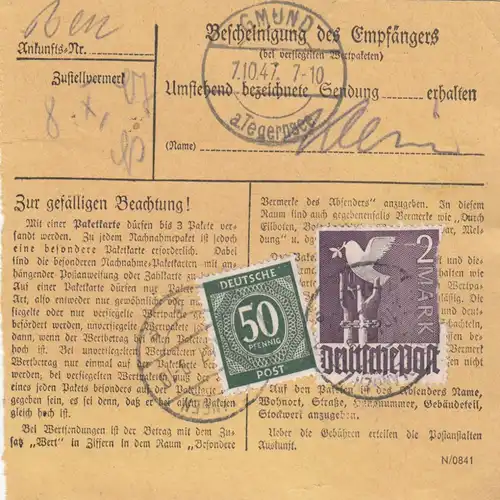 Wert-Paketkarte 1947: Erlangen nach Gmund, Dienststellenstempel III. Reich