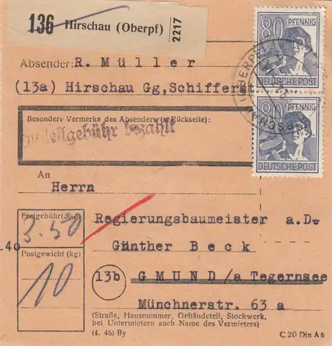 Carte de paquet 1947: Hirschau vers Gmund am Tegernsee