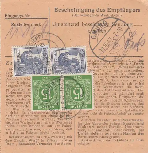 Carte de paquet 1947: Hirschau vers Gmund am Tegernsee