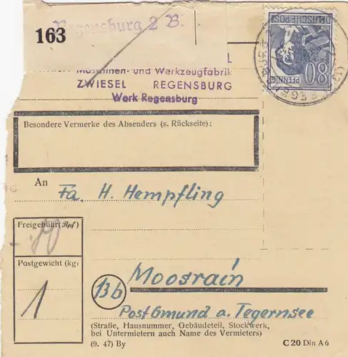 Paketkarte 1948: Regensburg, Werkzeugfabrik nach Moosrain