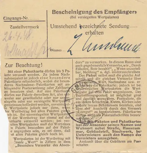 Paketkarte 1948: Regensburg, Werkzeugfabrik nach Moosrain