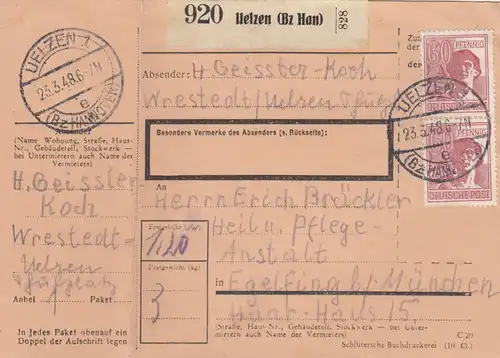 Carte de paquet 1948: Wrestedt Uelzen après Eglfing, Hôtel de santé