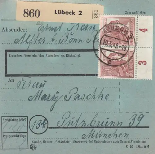 Carte de paquet 1948: Lubeck après Putzbrunn, formulaire spécial