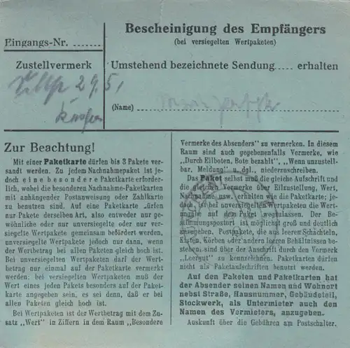 Carte de paquet 1948: Lubeck après Putzbrunn, formulaire spécial