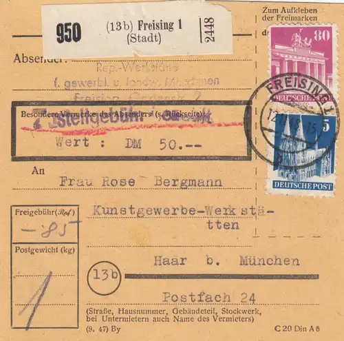 BiZone Paketkarte 1948: Freising nach Haar, Kunstgewerbe, Wertkarte