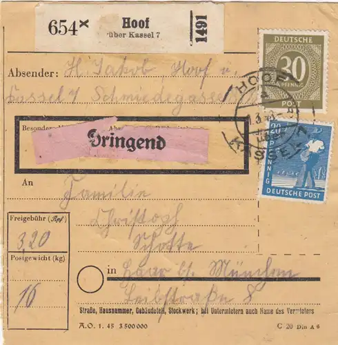 Carte de paquet 1948: Hoof par cheveux, urgent