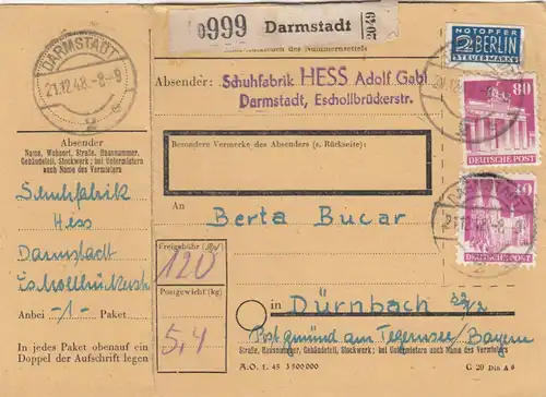 BiZone Paketkarte 1948: Darmstadt nach Dürnbach, Doppel-Notpaketkarte, Notopfer