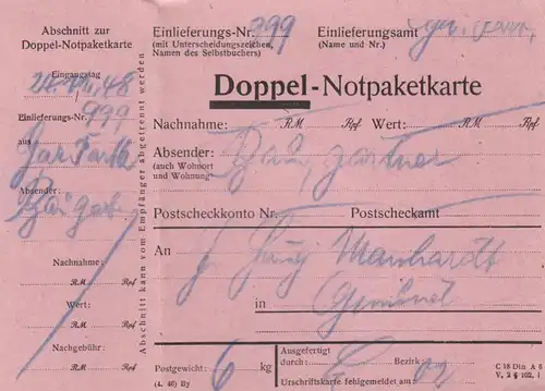 BiZone Paketkarte 1948: Darmstadt nach Dürnbach, Doppel-Notpaketkarte, Notopfer
