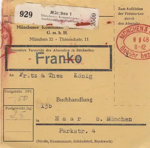 Carte de paquet BiZone 1948: Munich après Haar, Franko, frais payés timbre