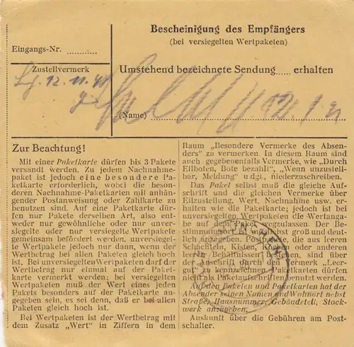 Carte de paquet BiZone 1948: Munich après Haar, Franko, frais payés timbre