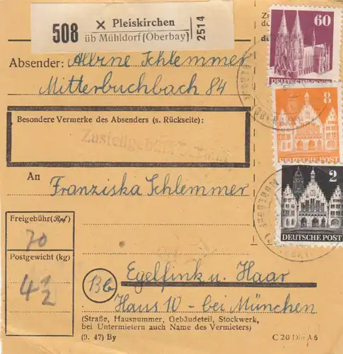 Carte de paquet BiZone 1948: Pleiskirchen via Mühldorf vers Eglfing