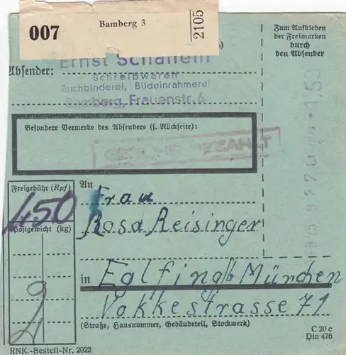 BiZone Paketkarte 1948: Bamberg nach Eglfing, besonderes Formular