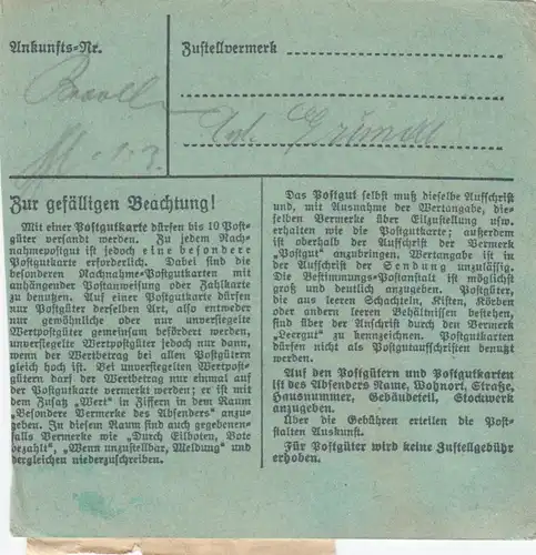 BiZone Paketkarte 1948: Bamberg nach Eglfing, besonderes Formular