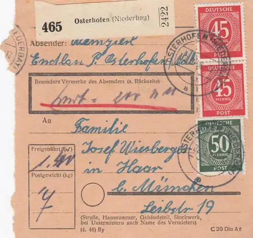 Carte de paquet 1948: Osterhofen par cheveux, carte de valeur