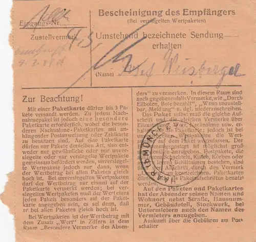 Paketkarte 1948: Osterhofen nach Haar, Wertkarte