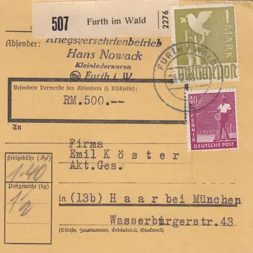 Paketkarte 1948: Kriegsversehrtenbetrieb Furth im Wald, Wertkarte