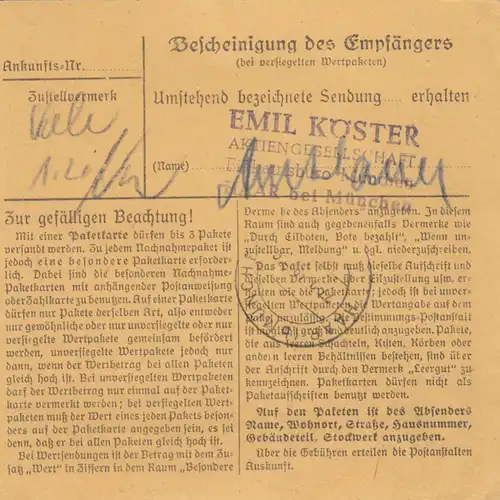 Carte de paquet 1948: Entreprise de guerre Furt dans les bois, carte de valeur