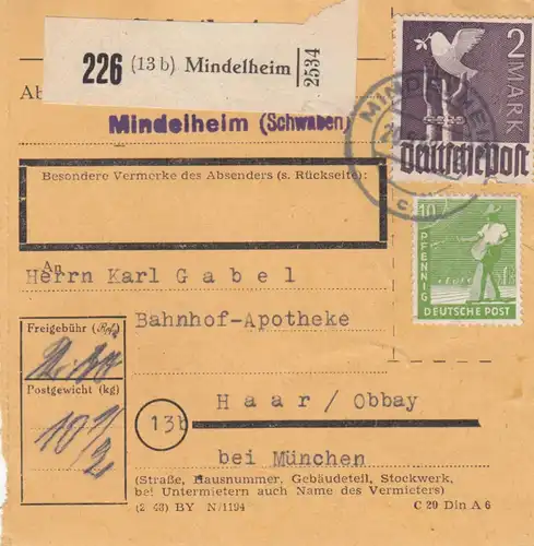 Carte de paquet 1948: Mindelheim selon Haar Obbay.