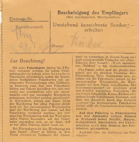 Carte de paquet 1948: Mindelheim selon Haar Obbay.