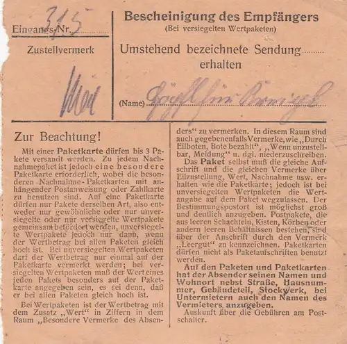 Paketkarte 1948: Burggen Schongau nach München